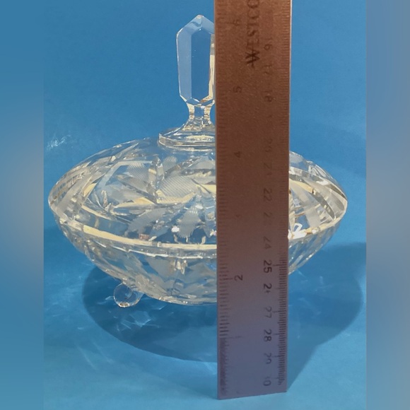 Three Footed Candy Jewelry Dish w Lid Pressed Cut Glass Mid Century Mode…